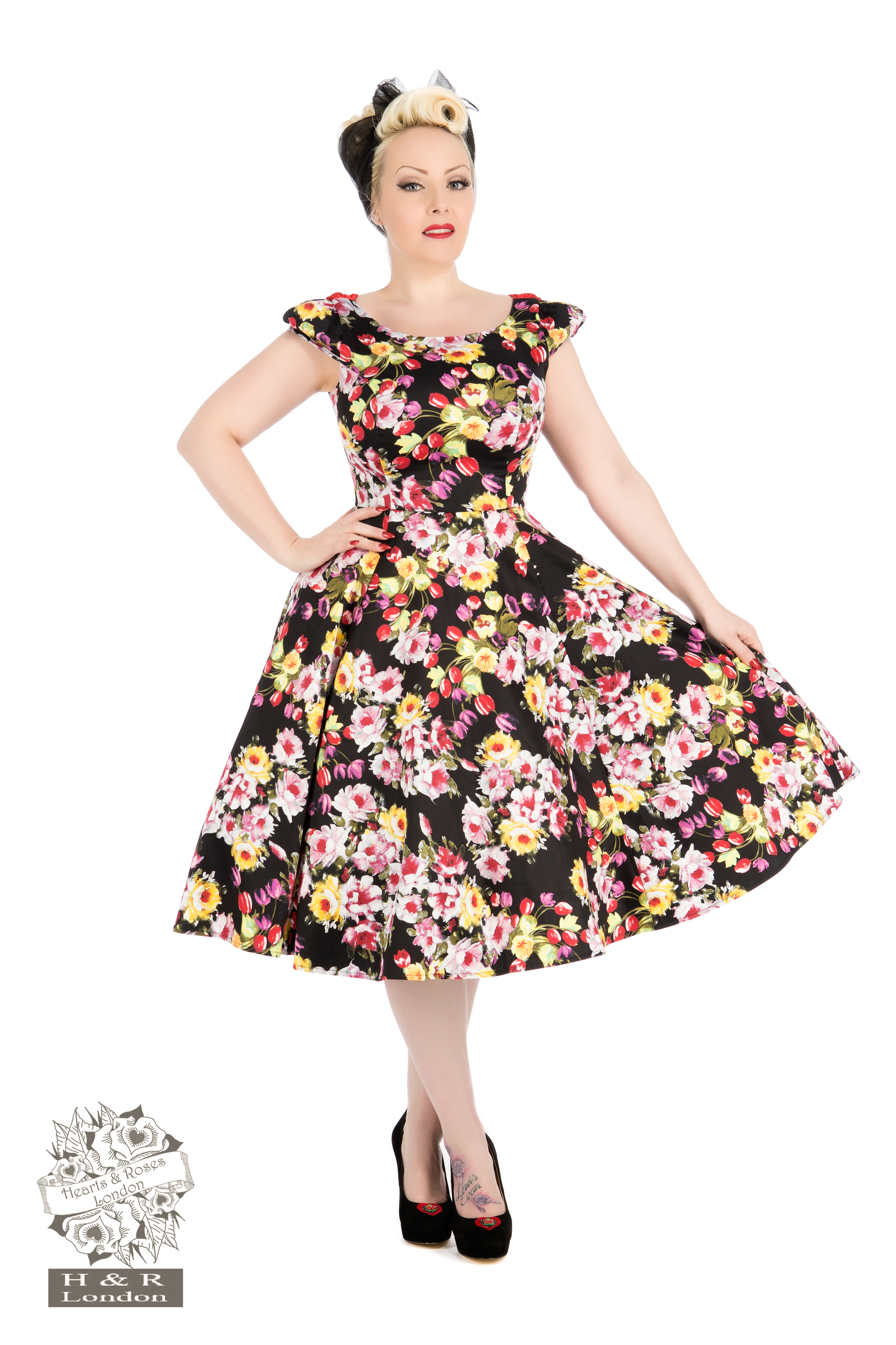Black Floral Vintage 50s Prom Swing Flared Dress